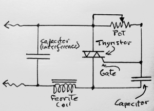 Circuit for the Leviton dimmer. The potentiomer, thyristor, and capacitor comprise the basic control
circuit.
