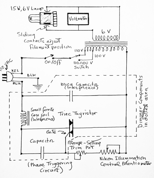 Final Nikon S illumination control circuit. Dotted line surround components transplanted
from the dimmer switch.